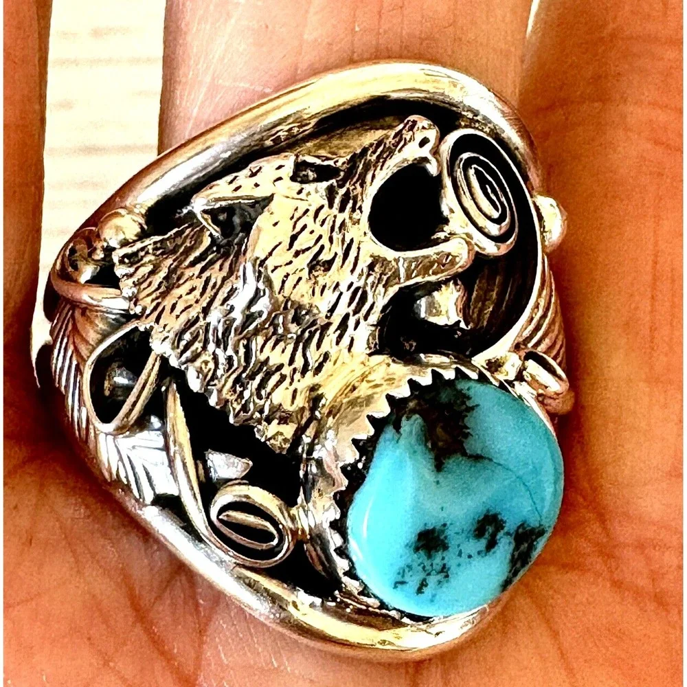 Navajo Wolf Turquoise Mens Ring Sz 14.25 Sterling Signed Saunders Howling Nugget